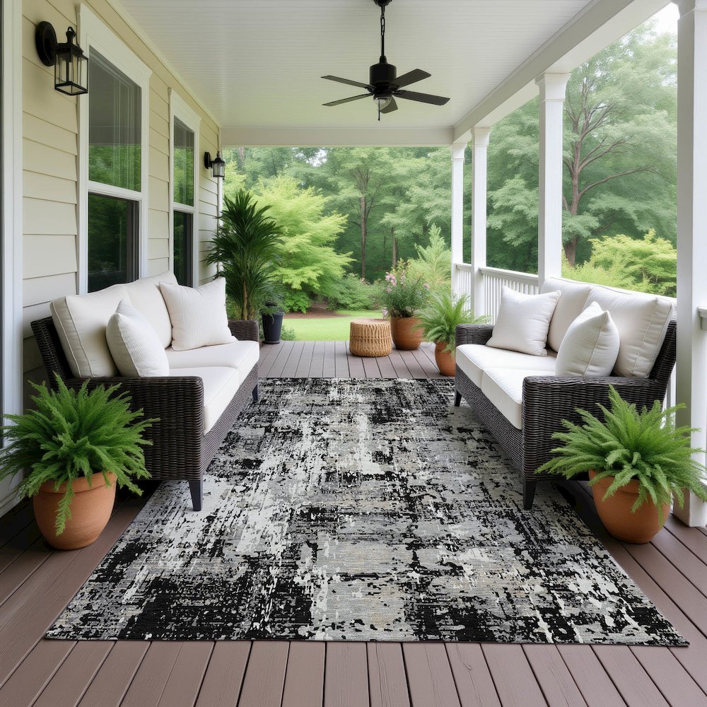 Luxury Washable Indoor/Outdoor Kochi Black 9' x 12' Rug. Picture 6