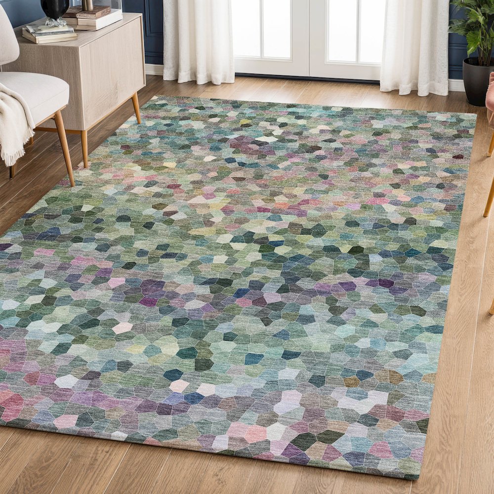 Luxury Washable Indoor/Outdoor Kaleidoscope KL1 Green 9' x 12' Rug. Picture 5