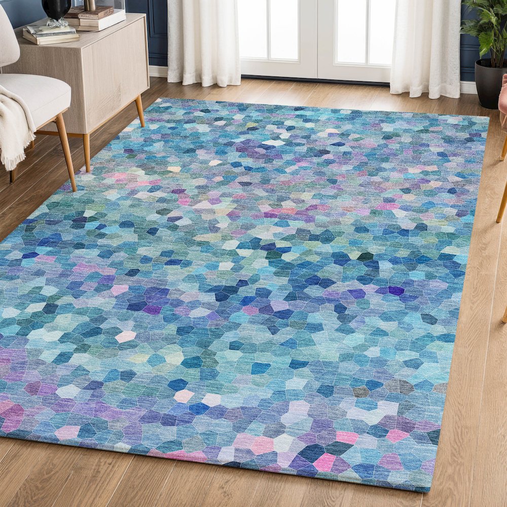Luxury Washable Indoor/Outdoor Kaleidoscope KL1 Teal 9' x 12' Rug. Picture 5