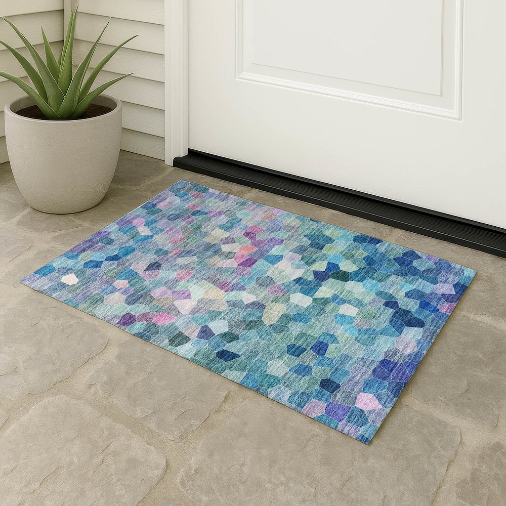 Luxury Washable Indoor/Outdoor Kaleidoscope KL1 Teal 8' x 10' Rug. Picture 7