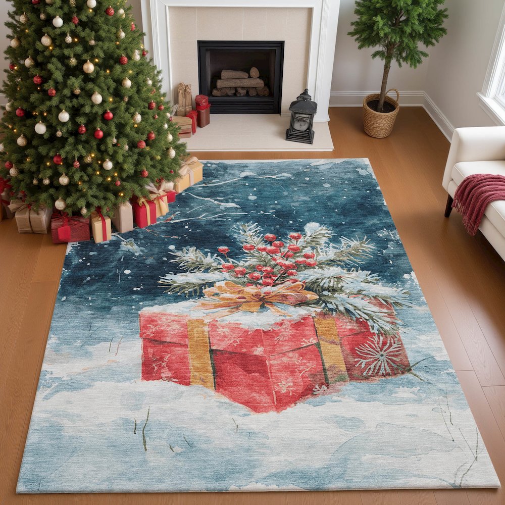 Luxury Washable Indoor/Outdoor Merry & Bright Blue 9' x 12' Rug. Picture 5