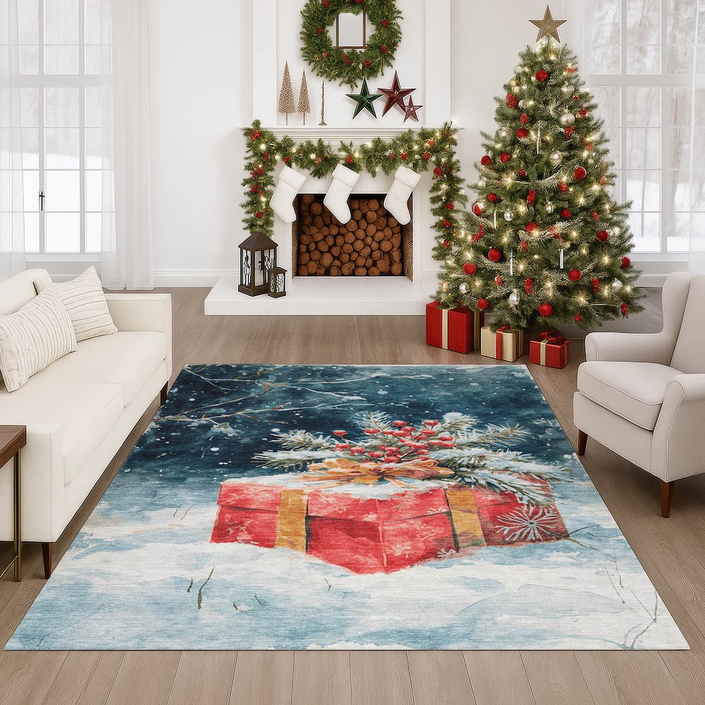 Luxury Washable Indoor/Outdoor Merry & Bright Blue 9' x 12' Rug. Picture 6