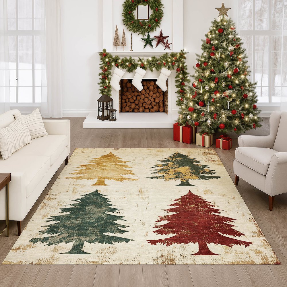 Luxury Washable Indoor/Outdoor Merry & Bright Ivory 9' x 12' Rug. Picture 6