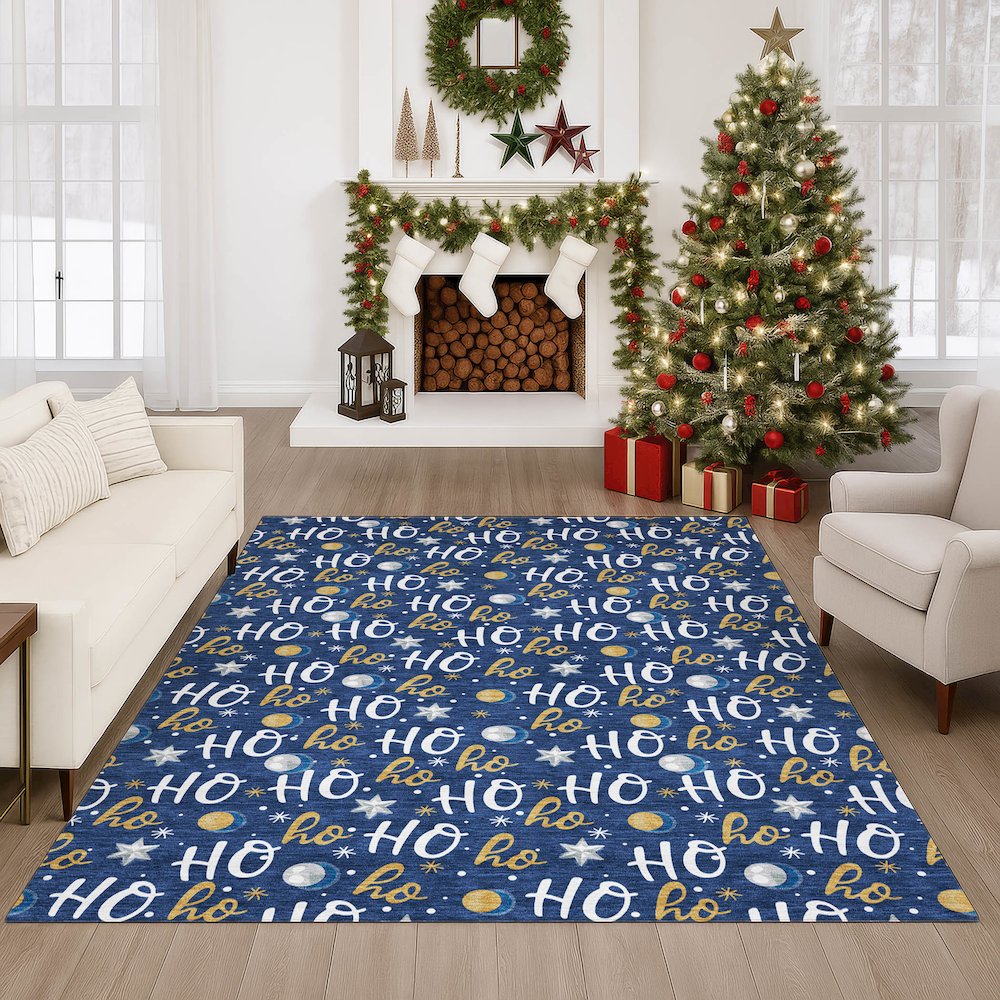 Luxury Washable Indoor/Outdoor Merry & Bright Navy 9' x 12' Rug. Picture 6