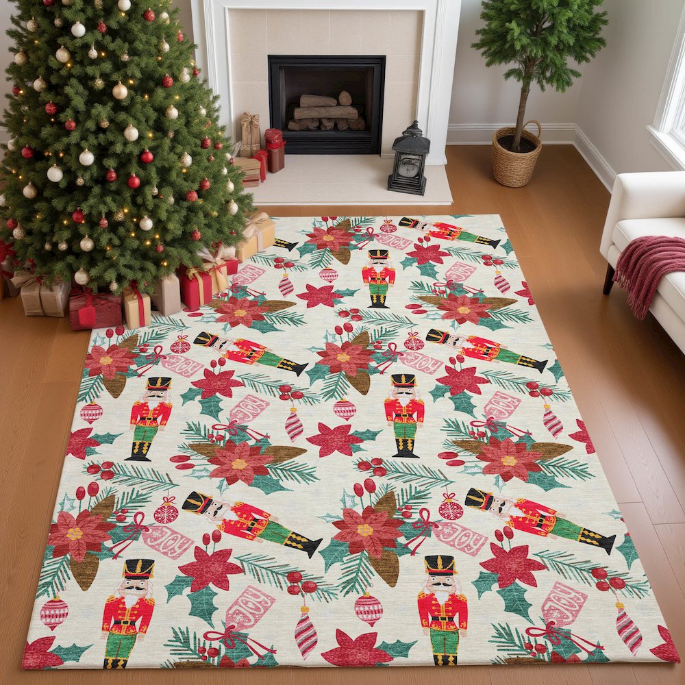Luxury Washable Indoor/Outdoor Merry & Bright Ivory 9' x 12' Rug. Picture 5