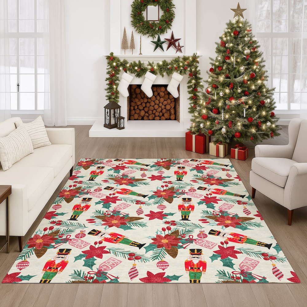 Luxury Washable Indoor/Outdoor Merry & Bright Ivory 9' x 12' Rug. Picture 6