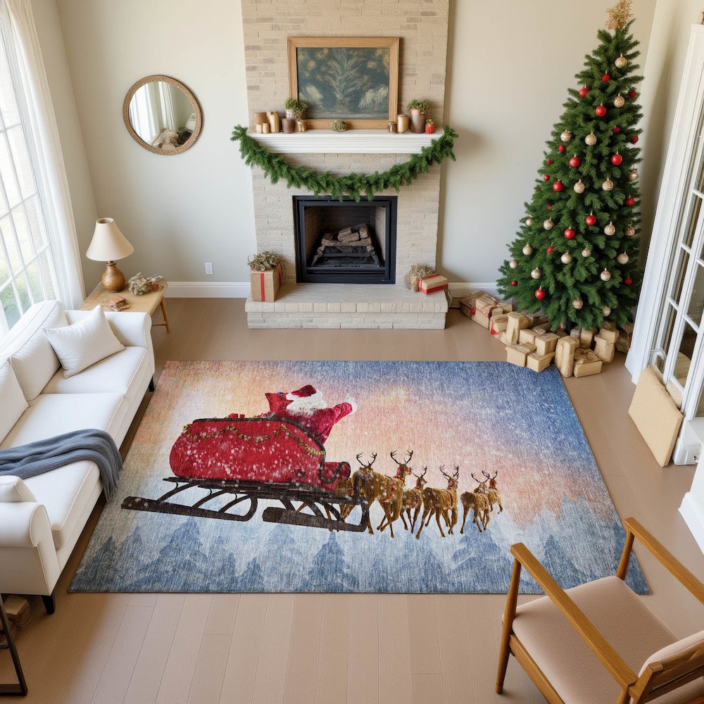 Luxury Washable Indoor/Outdoor Merry & Bright Twilight 9' x 12' Rug. Picture 5