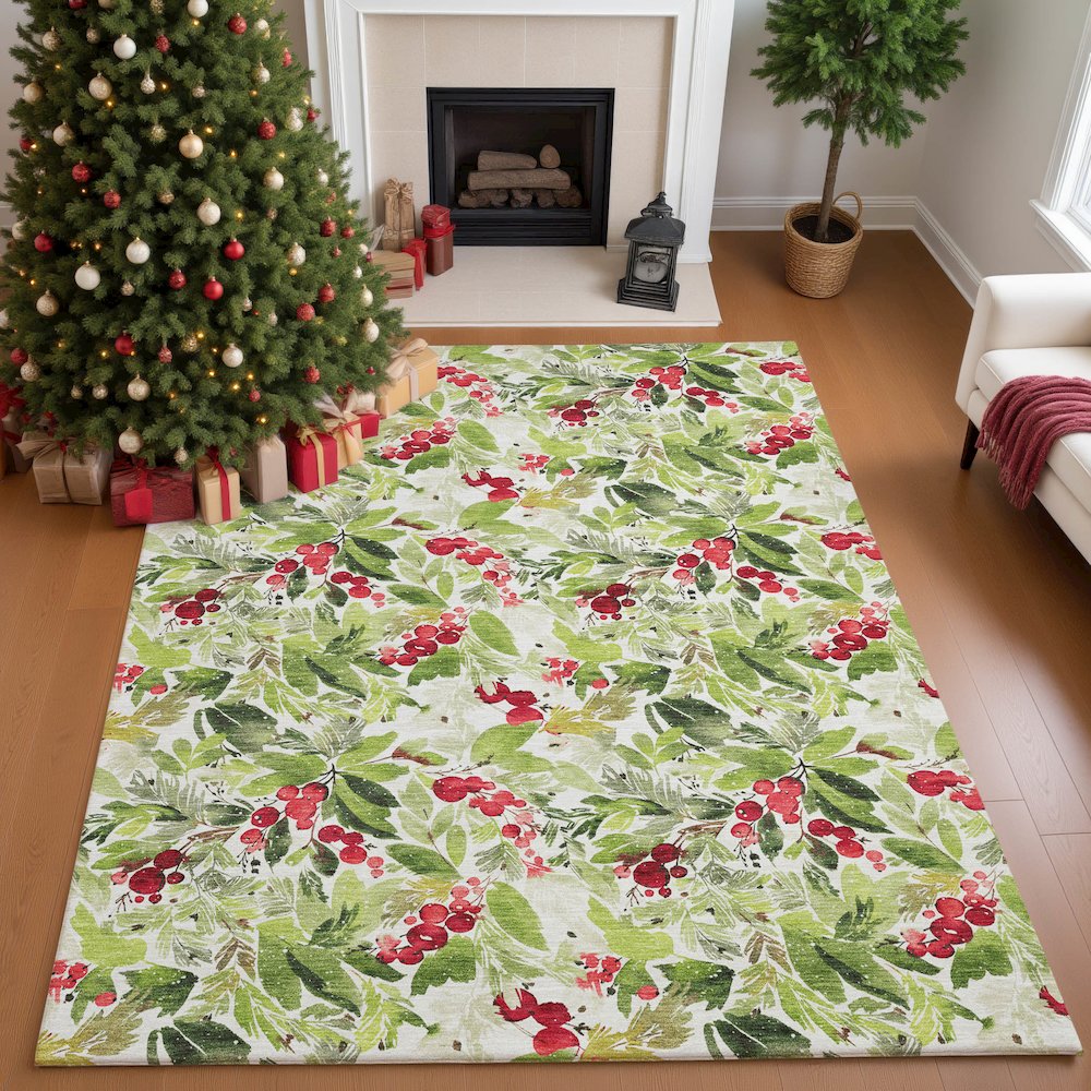 Luxury Washable Indoor/Outdoor Merry & Bright Aloe 9' x 12' Rug. Picture 5
