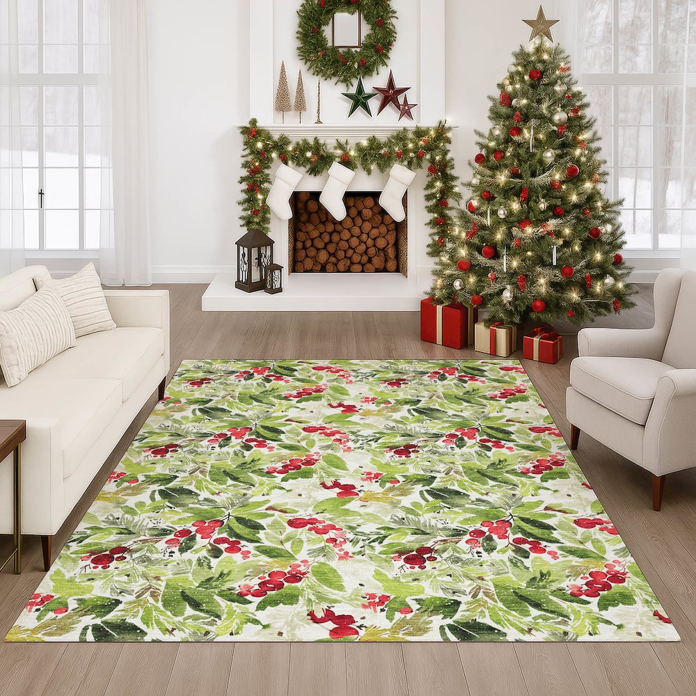 Luxury Washable Indoor/Outdoor Merry & Bright Aloe 9' x 12' Rug. Picture 6