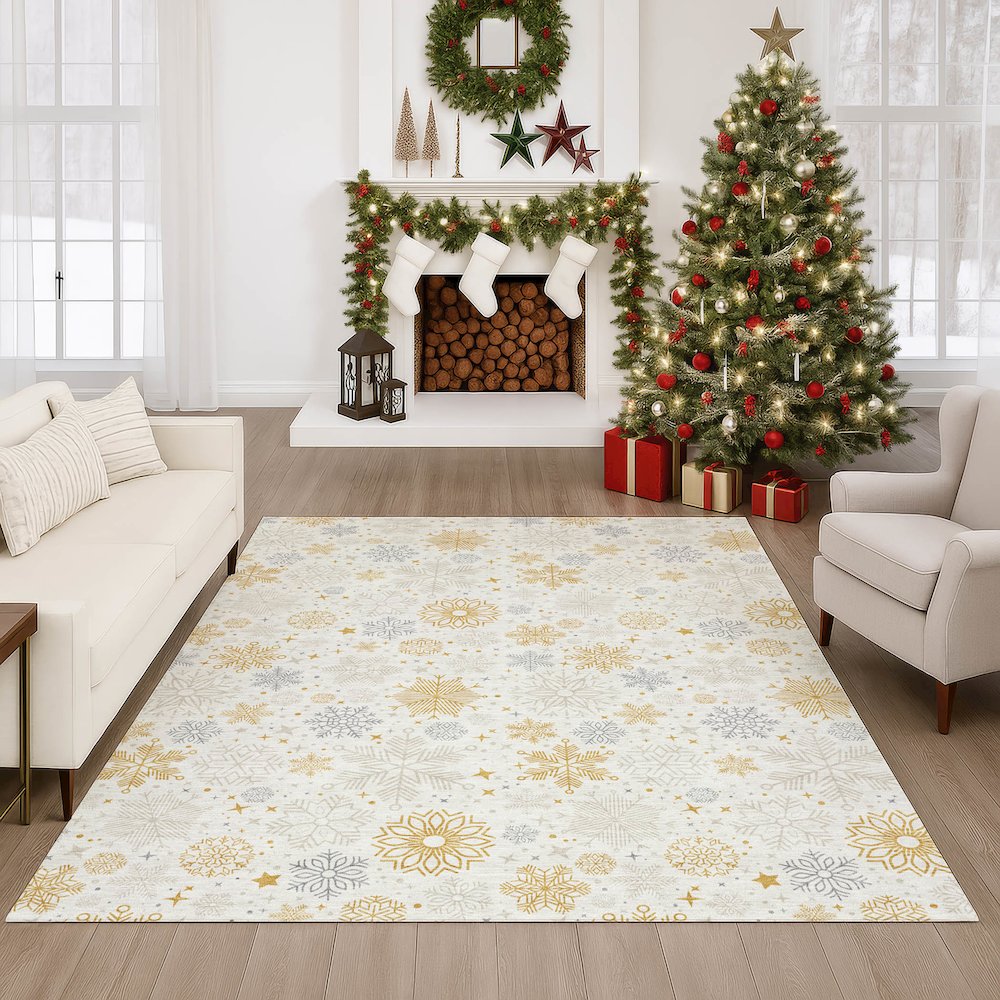 Luxury Washable Indoor/Outdoor Merry & Bright Ivory 9' x 12' Rug. Picture 6