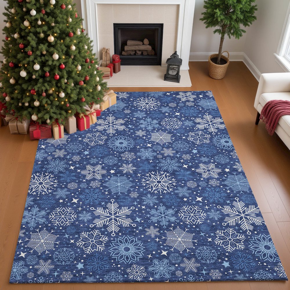 Luxury Washable Indoor/Outdoor Merry & Bright Navy 9' x 12' Rug. Picture 5
