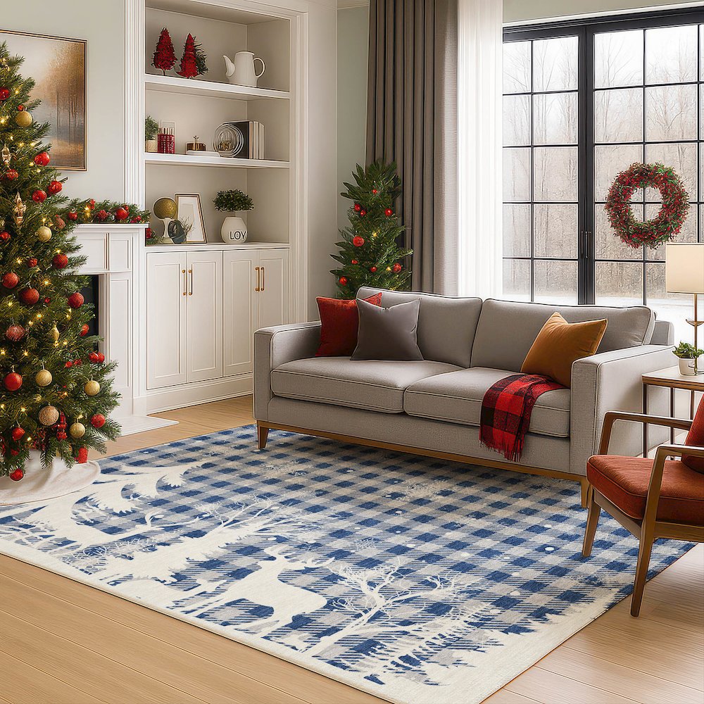 Luxury Washable Indoor/Outdoor Merry & Bright Blue 9' x 12' Rug. Picture 6