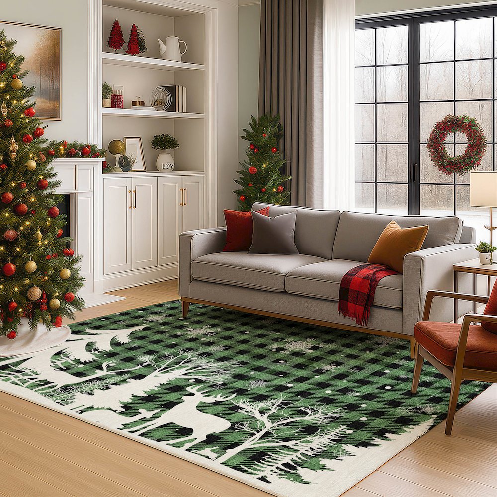 Luxury Washable Indoor/Outdoor Merry & Bright Green 9' x 12' Rug. Picture 6