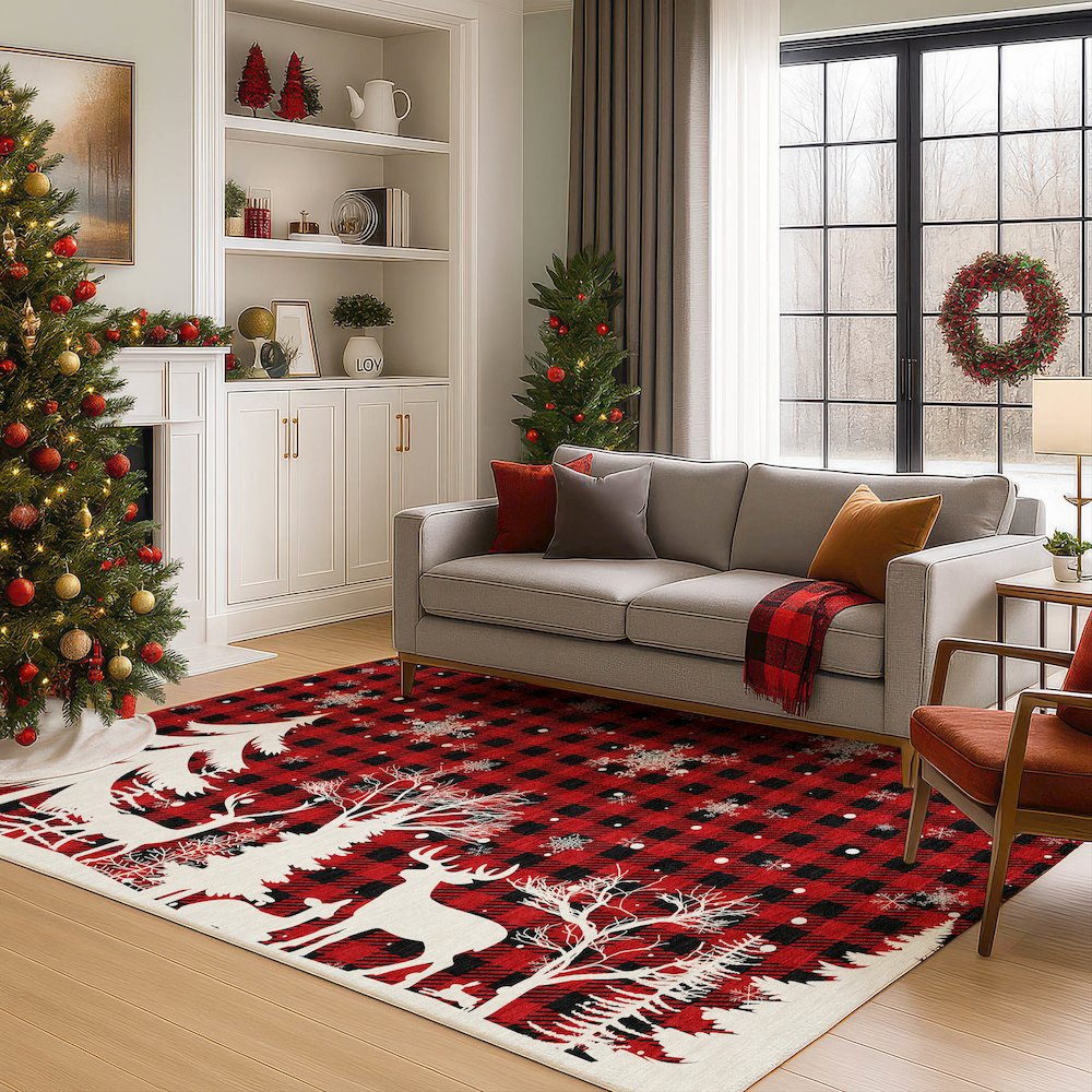 Luxury Washable Indoor/Outdoor Merry & Bright Red 9' x 12' Rug. Picture 6