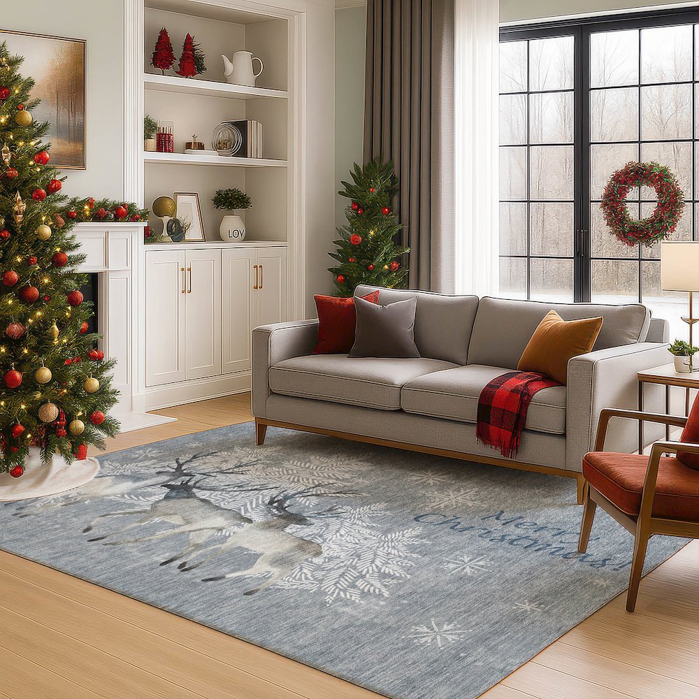 Luxury Washable Indoor/Outdoor Merry & Bright Gray 9' x 12' Rug. Picture 6