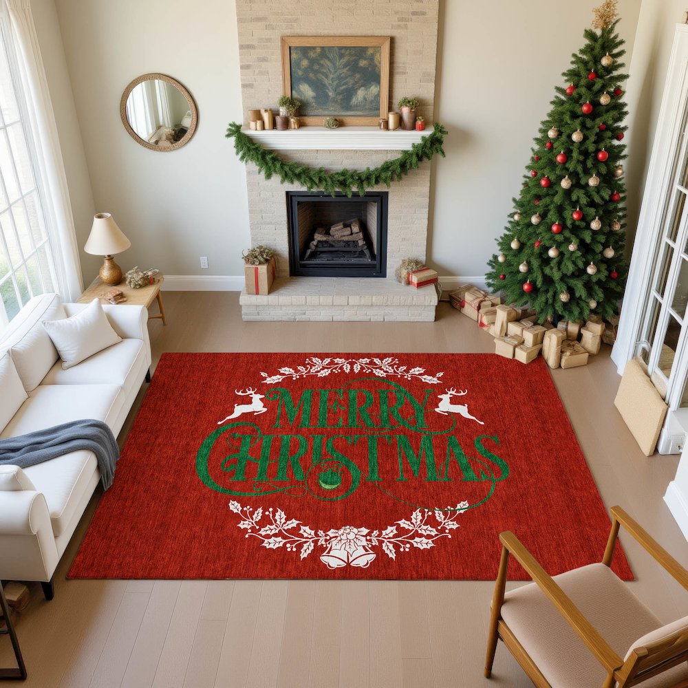 Luxury Washable Indoor/Outdoor Merry & Bright Red 9' x 12' Rug. Picture 5
