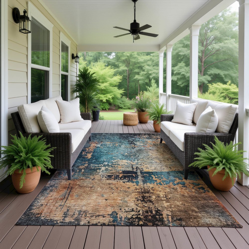 Indoor/Outdoor Nouveau Teal 9' x 12' Rug. Picture 6