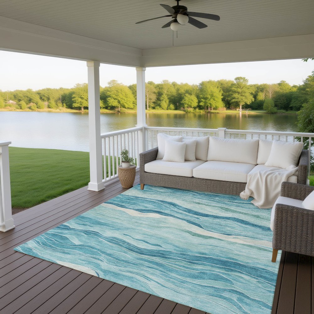 Machine Washable Indoor/Outdoor Pacifica Turquoise 9' x 12' Rug. Picture 6