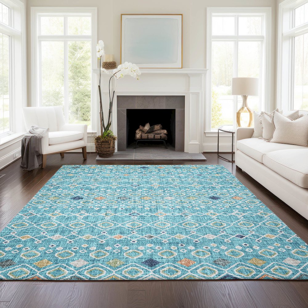 Luxury Washable Indoor/Outdoor Portico Teal 9' x 12' Rug. Picture 5