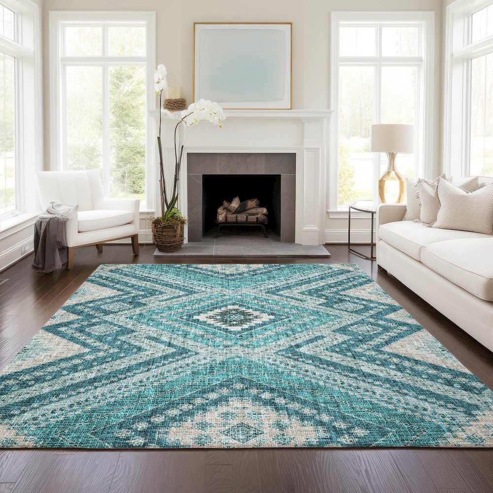 Luxury Washable Indoor/Outdoor Portico Teal 9' x 12' Rug. Picture 5