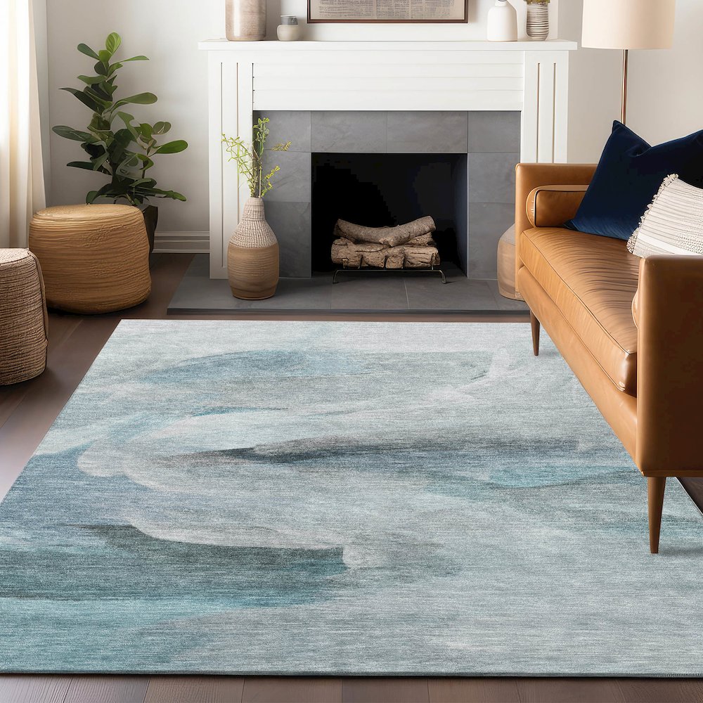 Luxury Washable Indoor/Outdoor Ravenna Teal 9' x 12' Rug. Picture 6