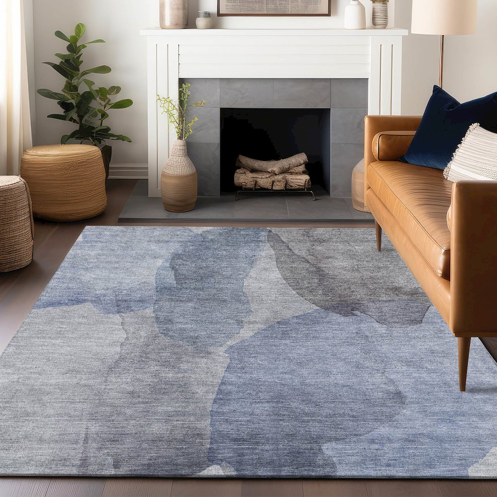 Luxury Washable Indoor/Outdoor Ravenna Blue 9' x 12' Rug. Picture 6