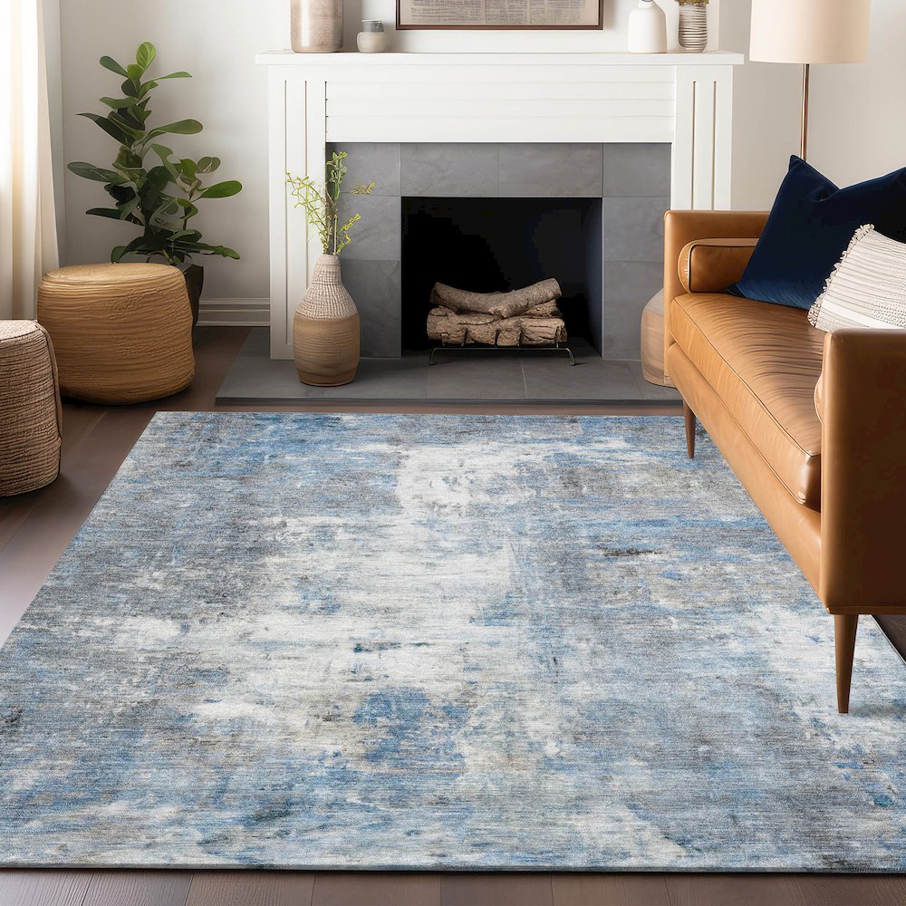Luxury Washable Indoor/Outdoor Ravenna Blue 9' x 12' Rug. Picture 6
