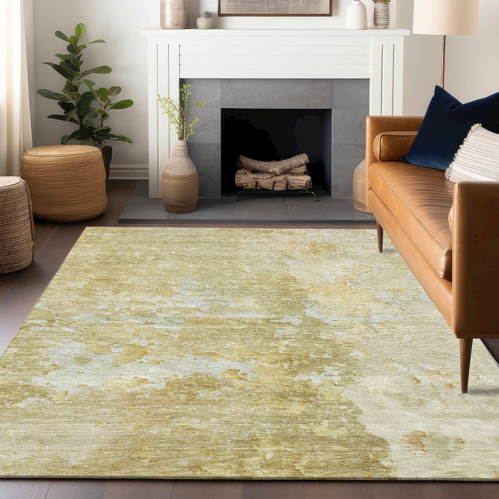 Luxury Washable Indoor/Outdoor Ravenna Gold 9' x 12' Rug. Picture 6