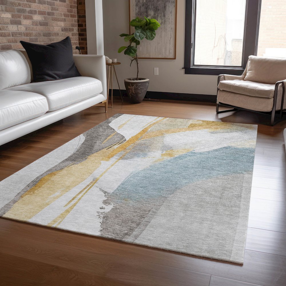 Luxury Washable Indoor/Outdoor Ravenna Gold 9' x 12' Rug. Picture 5