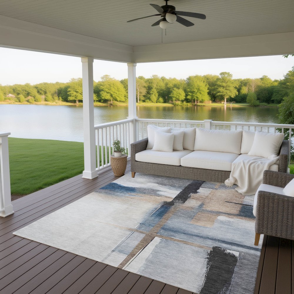 Luxury Washable Indoor/Outdoor Ravenna Blue 9' x 12' Rug. Picture 7