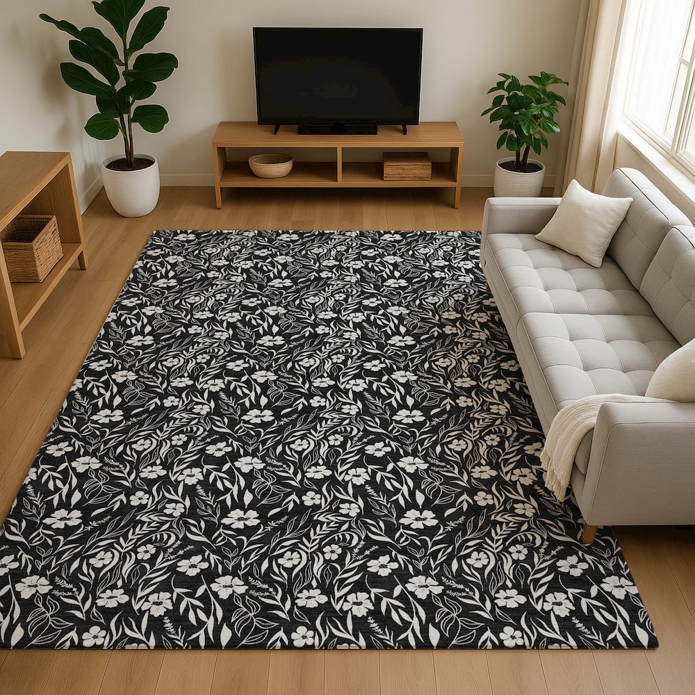 Luxury Washable Indoor/Outdoor Soft Essentials SE4 Black 9' x 12' Rug. Picture 6