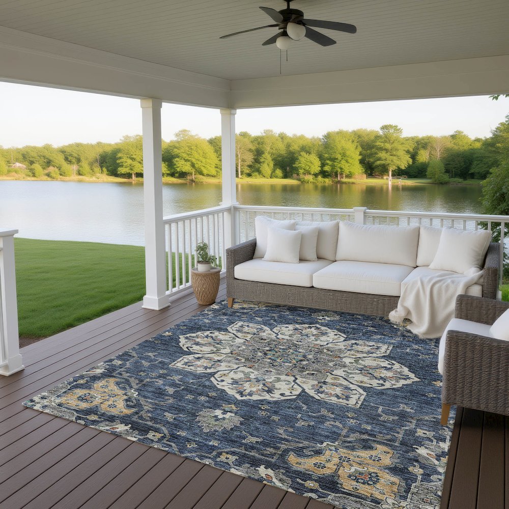 Indoor/Outdoor Silk Road Navy 8' x 10' Rug. Picture 7