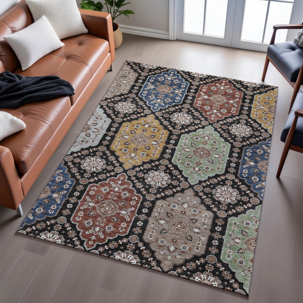 Indoor/Outdoor Silk Road Black 8' x 10' Rug. Picture 6