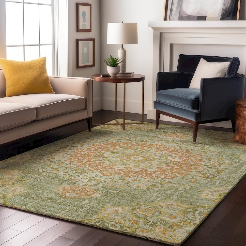 Luxury Washable Indoor/Outdoor Tabrook Aloe 9' x 12' Rug. Picture 6