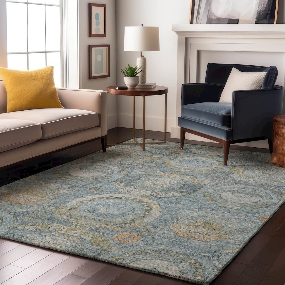 Luxury Washable Indoor/Outdoor Tabrook Blue 9' x 12' Rug. Picture 6
