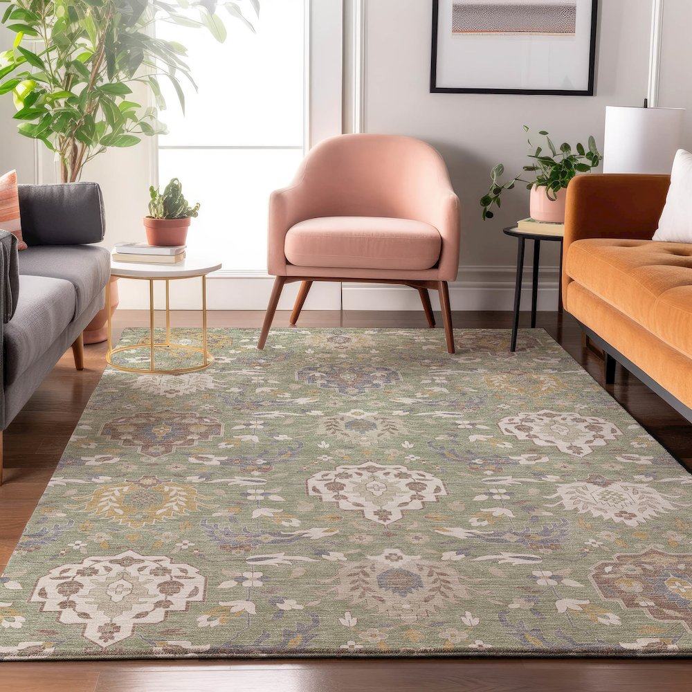 Luxury Washable Indoor/Outdoor Tabrook Aloe 9' x 12' Rug. Picture 5