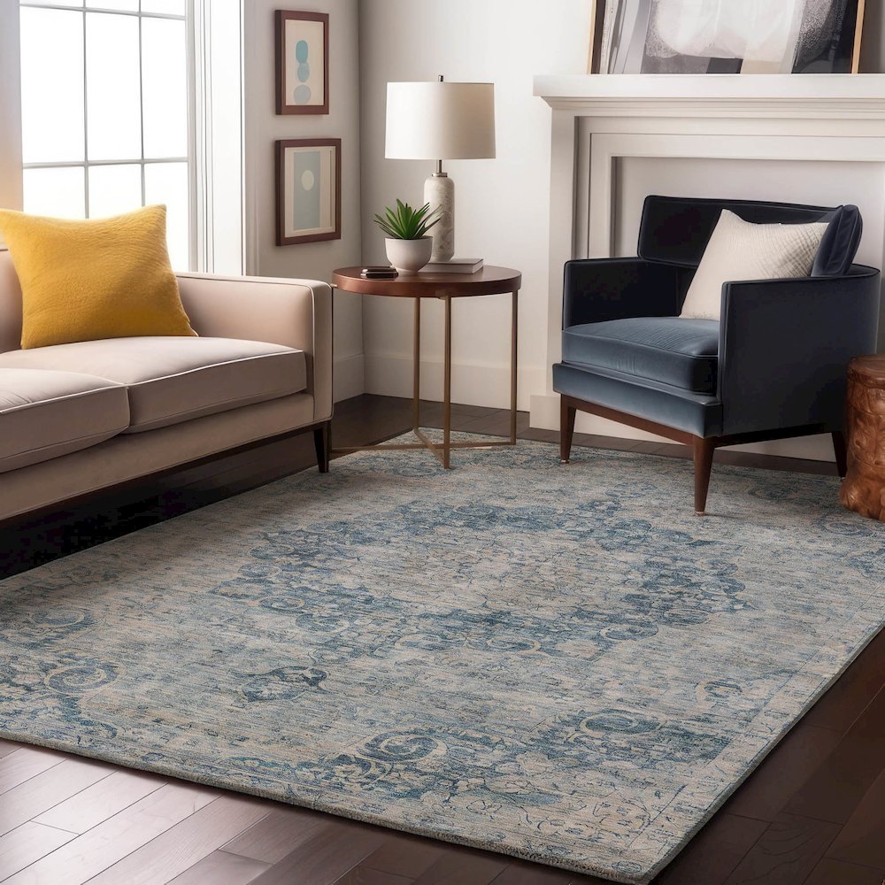 Luxury Washable Indoor/Outdoor Tabrook Blue 9' x 12' Rug. Picture 6