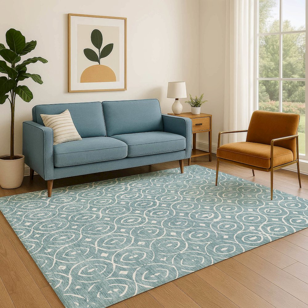 Luxury Washable Indoor/Outdoor The Reserve Turquoise 9' x 12' Rug. Picture 6