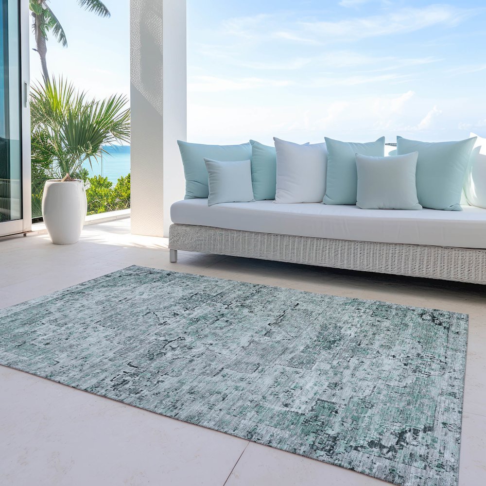 Machine Washable Indoor/Outdoor Chantille Teal 10' x 14' Rug. Picture 7