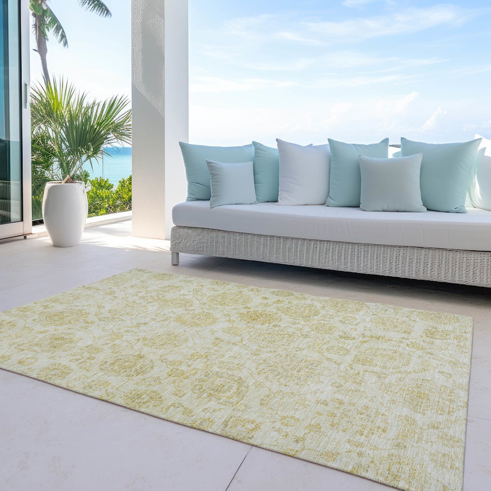 Machine Washable Indoor/Outdoor Chantille Gold 10' x 14' Rug. Picture 7