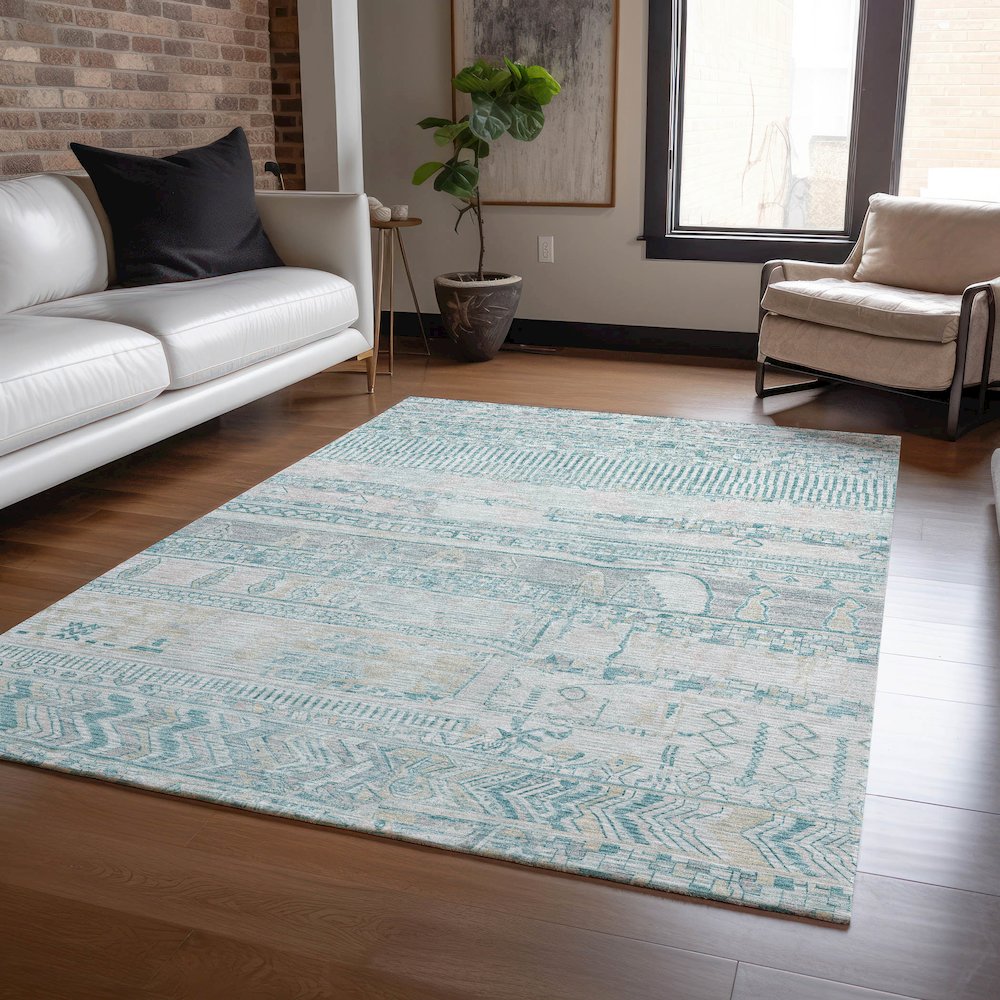 Machine Washable Indoor/Outdoor Chantille Teal 10' x 14' Rug. Picture 5