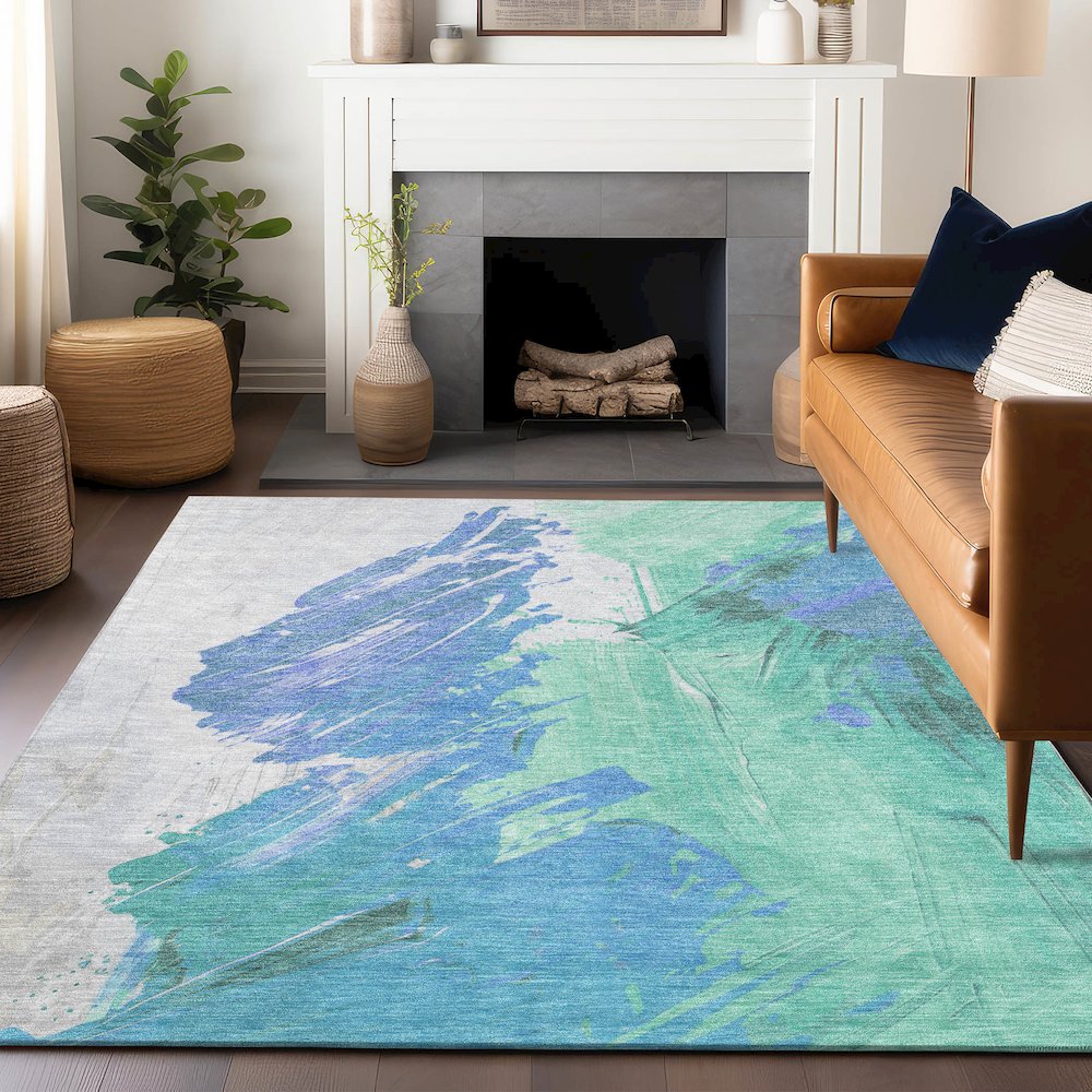 Machine Washable Indoor/Outdoor Chantille Seafoam 10' x 14' Rug. Picture 5