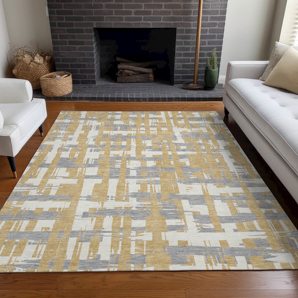 Machine Washable Indoor/Outdoor Chantille Gold 10' x 14' Rug. Picture 6