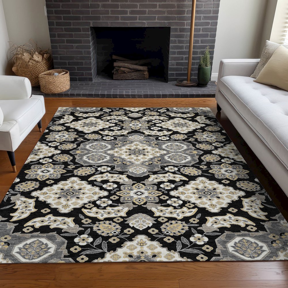 Machine Washable Indoor/Outdoor Chantille Black 10' x 14' Rug. Picture 6