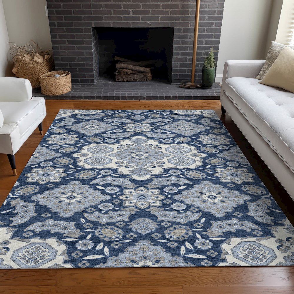 Machine Washable Indoor/Outdoor Chantille Blue 10' x 14' Rug. Picture 6