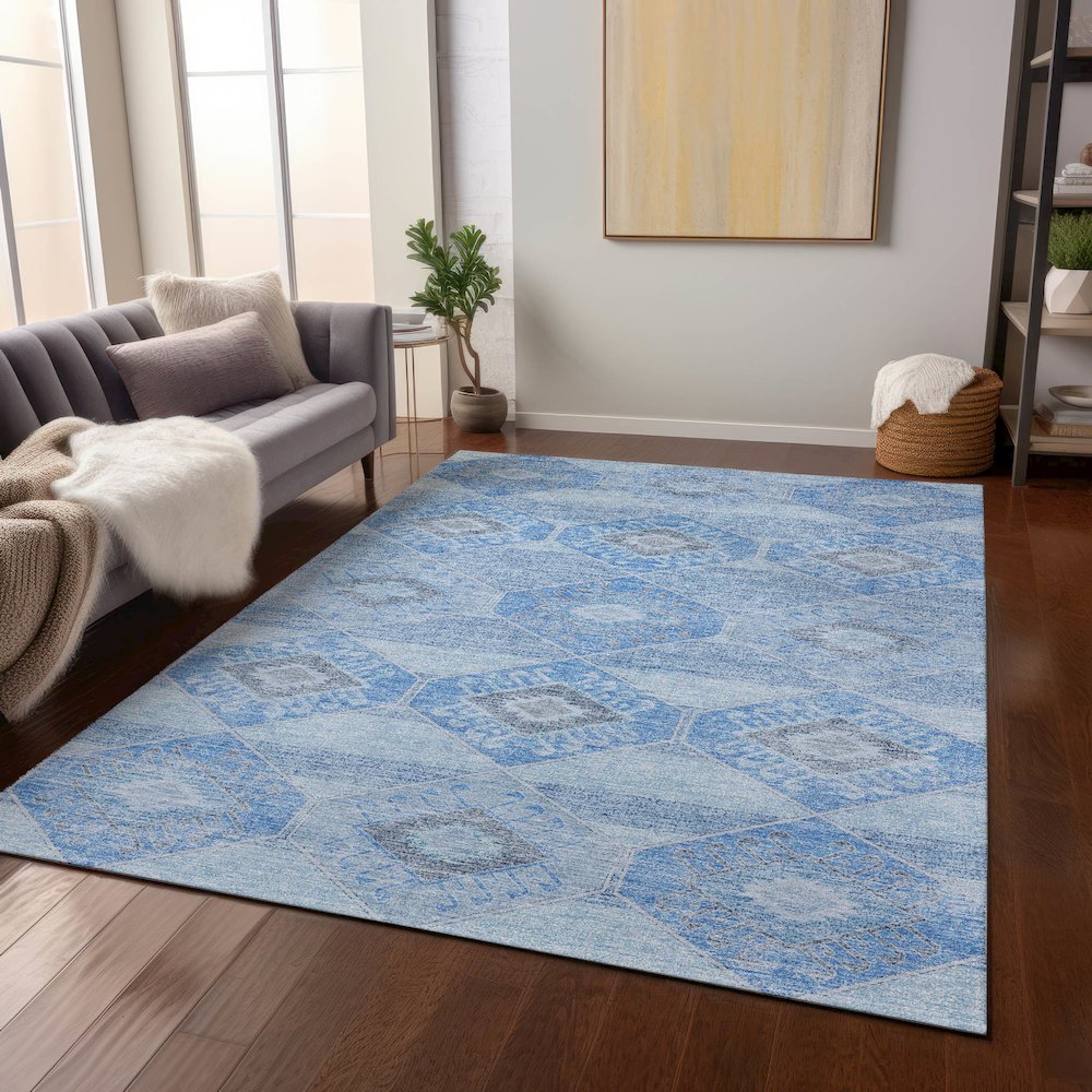 Machine Washable Indoor/Outdoor Chantille Blue 10' x 14' Rug. Picture 6
