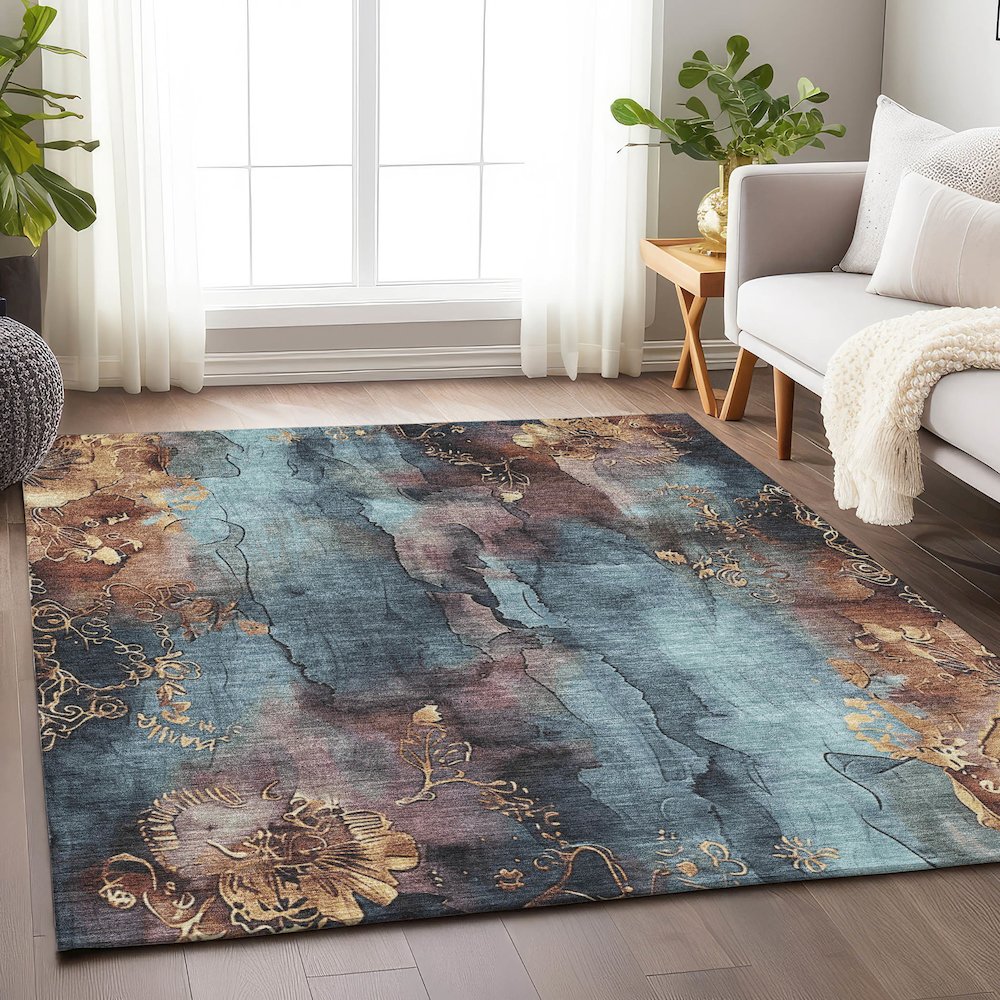 Machine Washable Indoor/Outdoor Chantille Blue 10' x 14' Rug. Picture 5