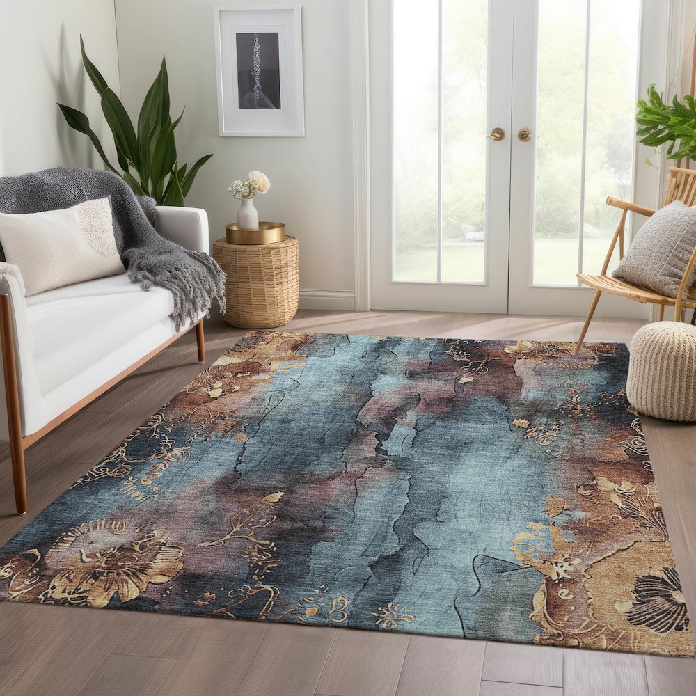 Machine Washable Indoor/Outdoor Chantille Blue 10' x 14' Rug. Picture 6