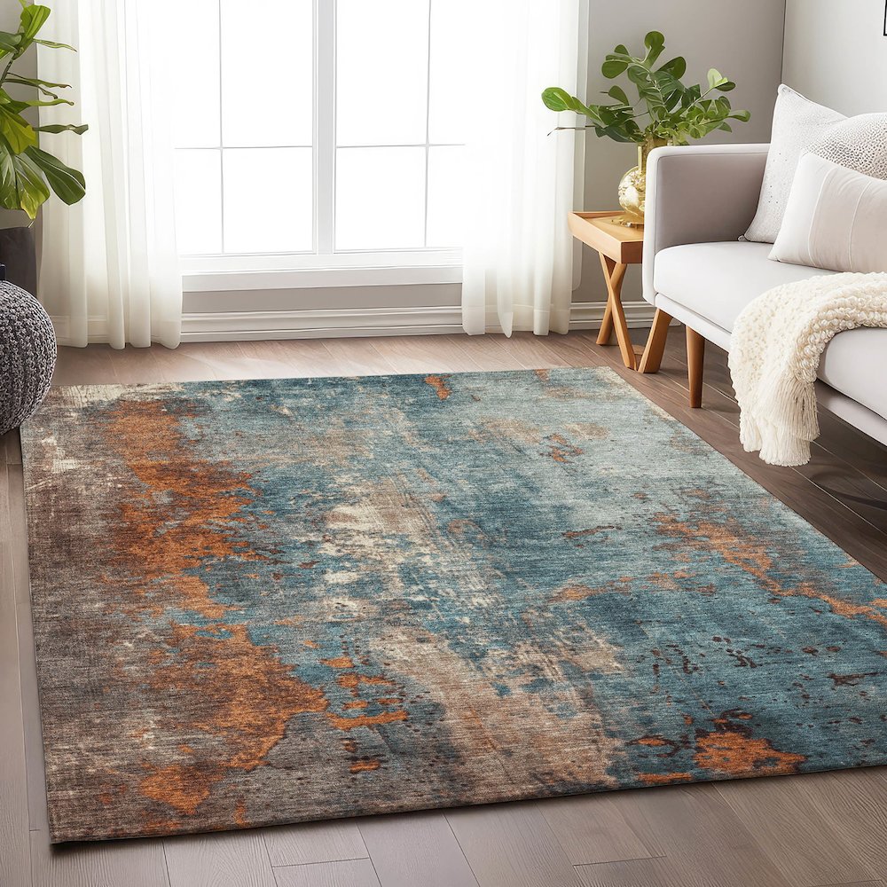 Machine Washable Indoor/Outdoor Chantille Teal 10' x 14' Rug. Picture 5