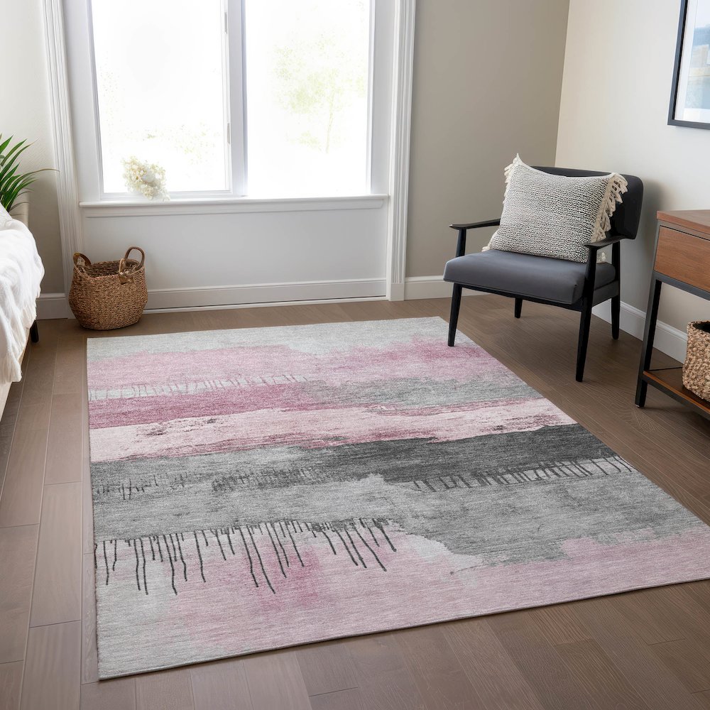 Machine Washable Indoor/Outdoor Chantille Pink 10' x 14' Rug. Picture 6